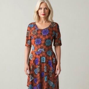 LulaRoe Nicole Rust Colored Patterned Midi Dress Size Large